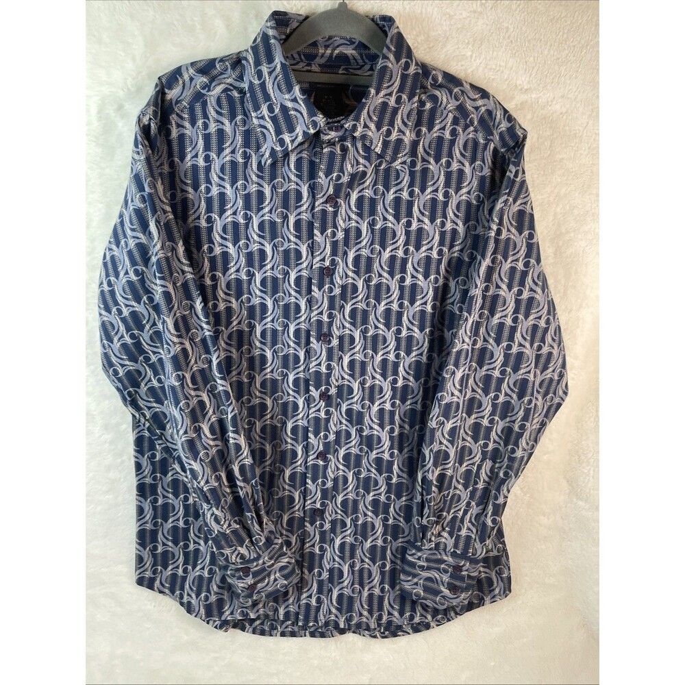 J. Ferrar Men’s Modern Fit Navy & Beige Pattern Button-Up Shirt | Size M 15–15.5 - Picture 2 of 5